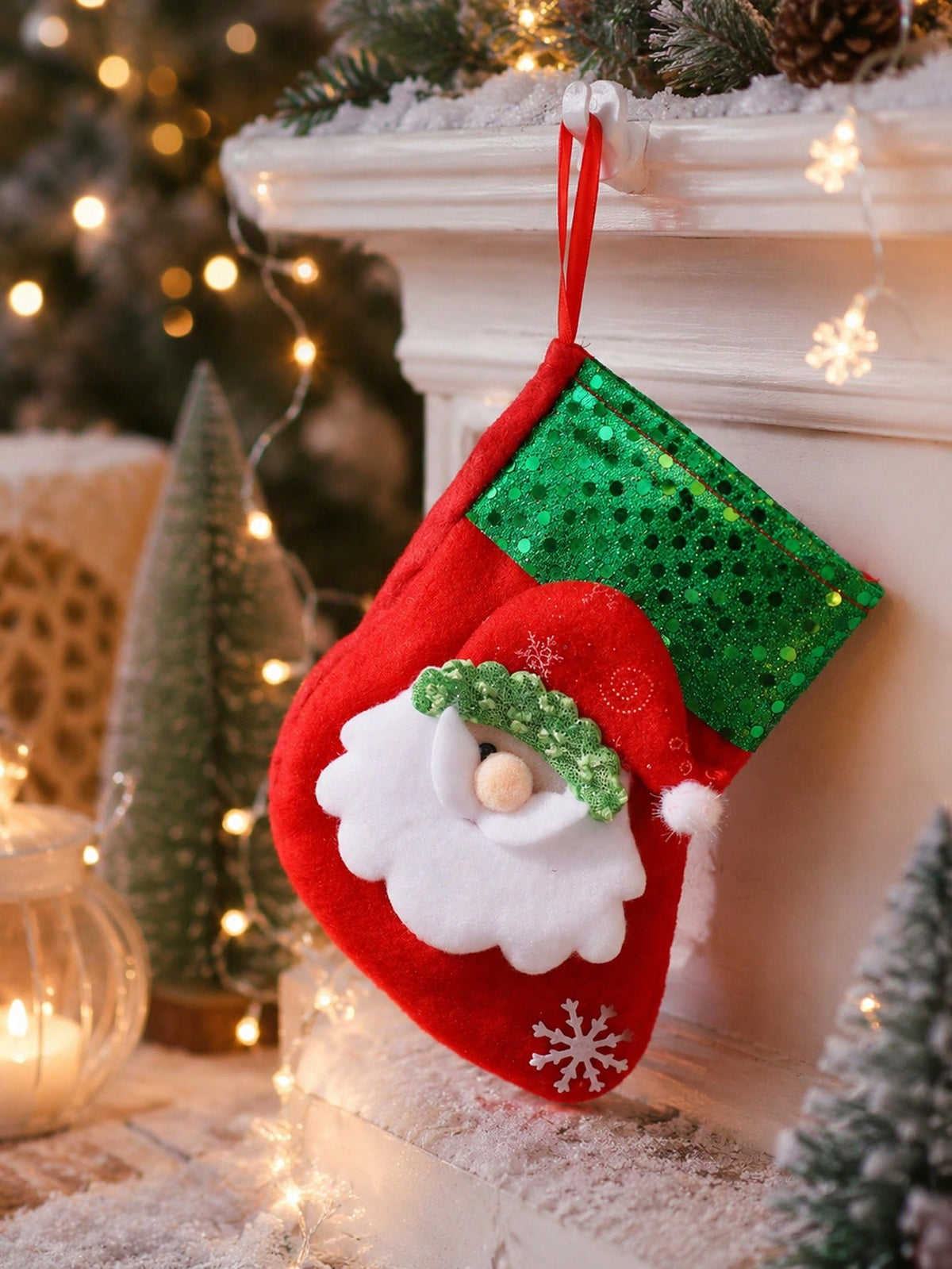 Sequin Trim Christmas Stocking with Snowflake Detail Fireplace