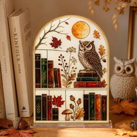autumn owl bookshelf tabletop sign - styled photo