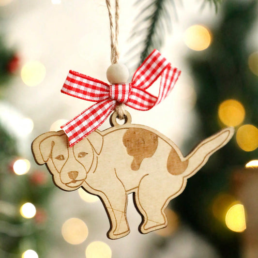 spotted puppy Christmas ornament - styled photo