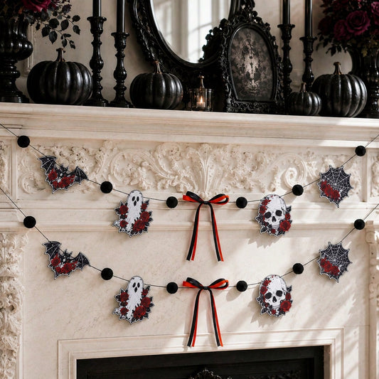 Gothic skull Halloween garland with roses close-up on a mantel with black decor