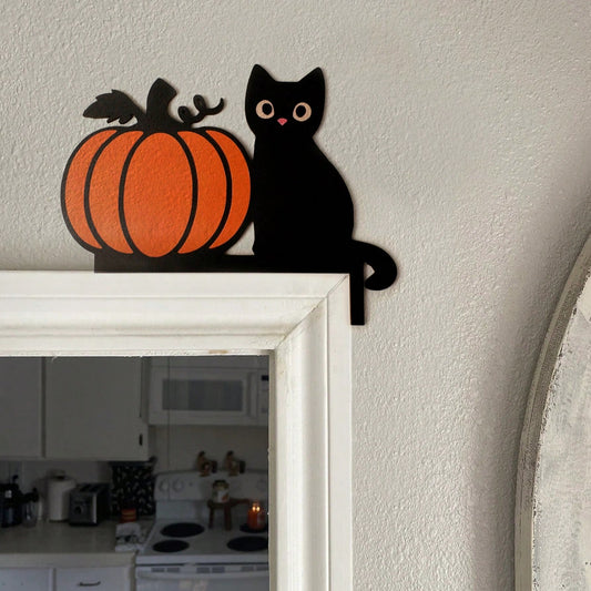 black cat pumpkin door corner decor - styled photo