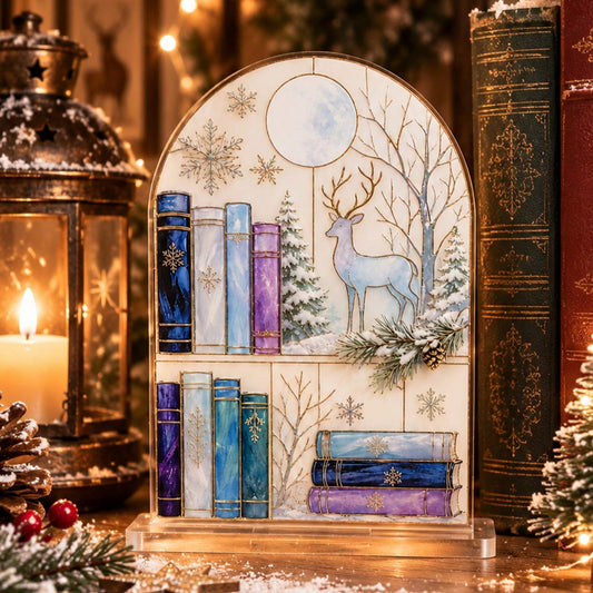 winter deer bookshelf plaque - styled photo