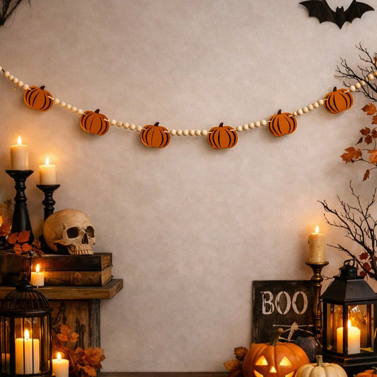 felt pumpkin wood bead garland - styled photo