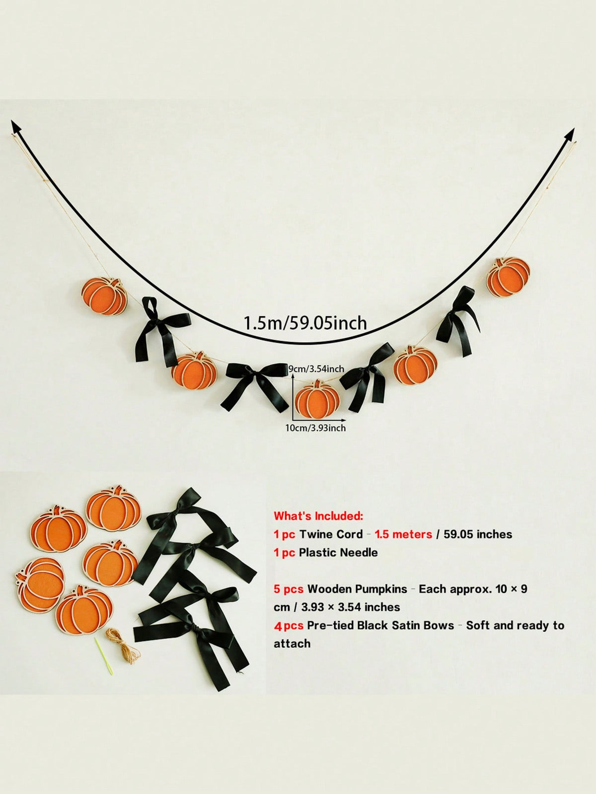 Pumpkin garland with black bows kit contents and 1.5 m size