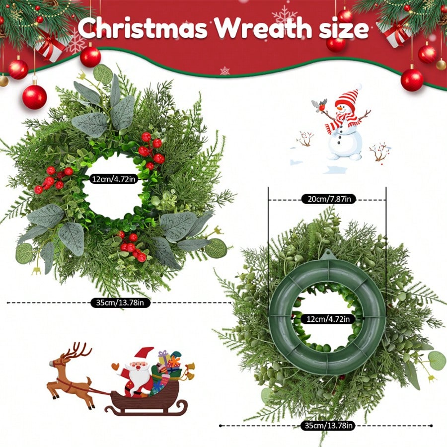 Eucalyptus and red berry Christmas wreath size chart, 35 cm diameter