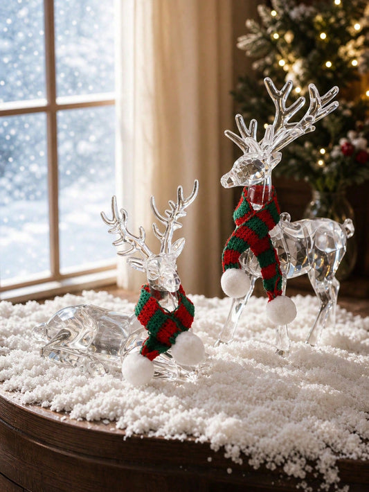 2pcs Scarf Decorated Reindeer Figurine Christmas Tabletop Decor