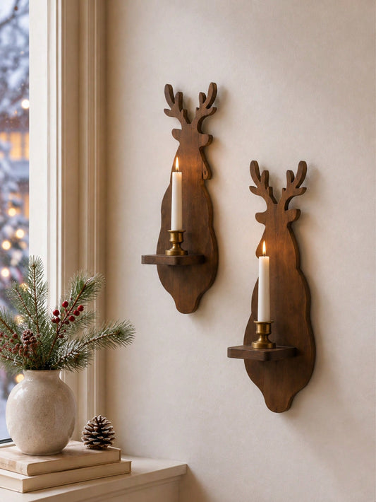 1 2pcs Vintage Christmas Deer Wall Candle Holder Decorative Cone