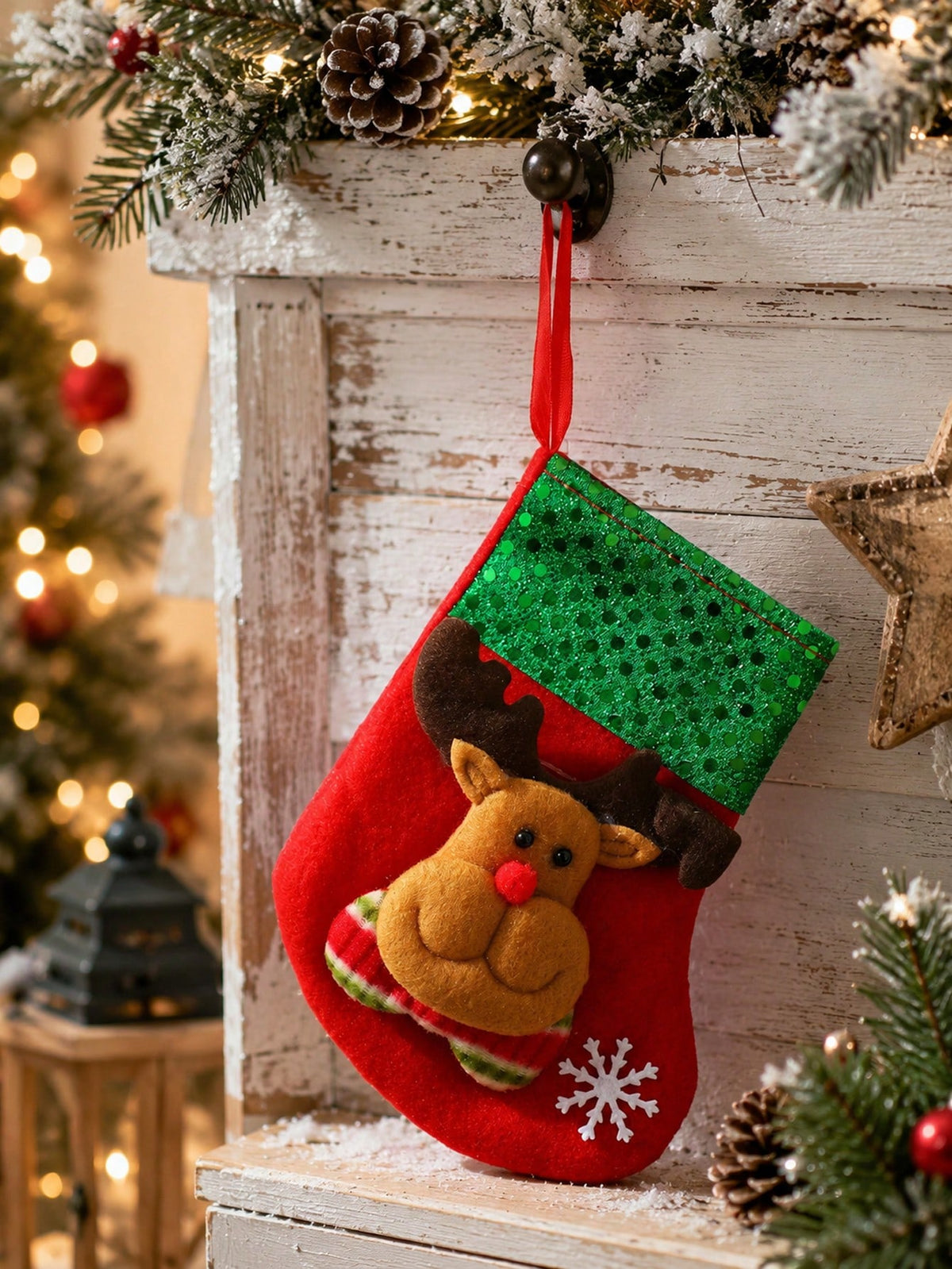 Reindeer Head Sequin Cuff Christmas Stocking Snowflake Decor Wall