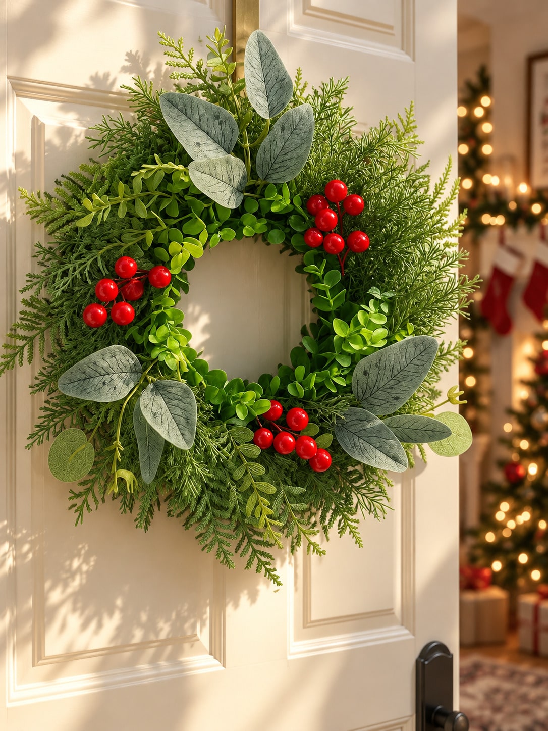 Eucalyptus and red berry Christmas wreath on a white front door