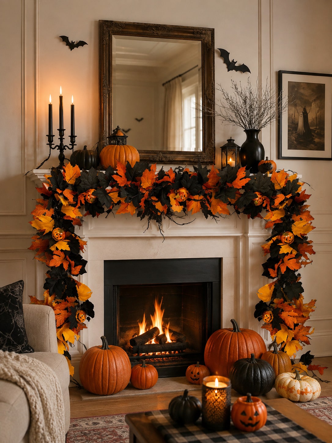 Halloween maple leaf garland framing a fireplace mantel