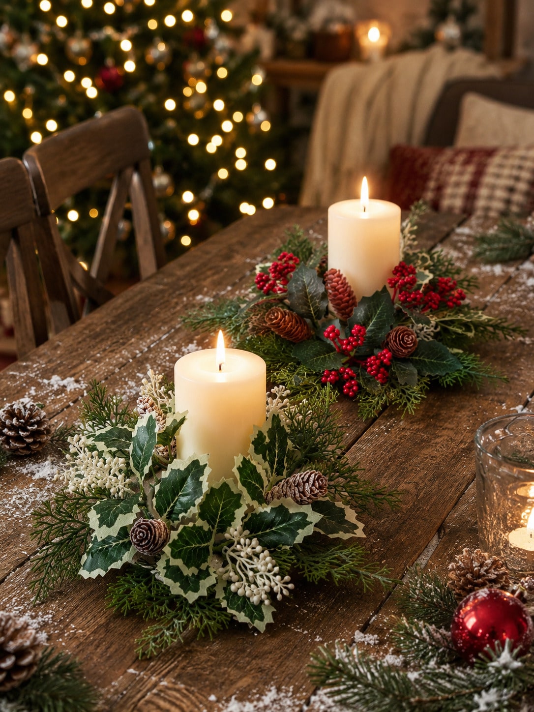 Christmas candle ring wreath pair on a holiday table