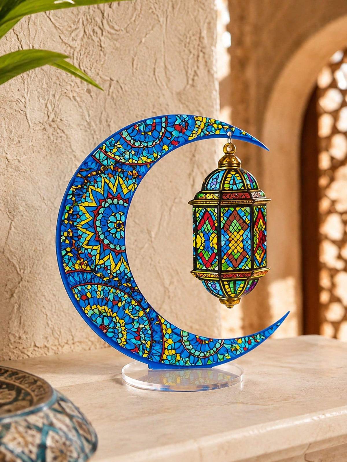 crescent moon and lantern acrylic tabletop decor styled in a room, photo 8