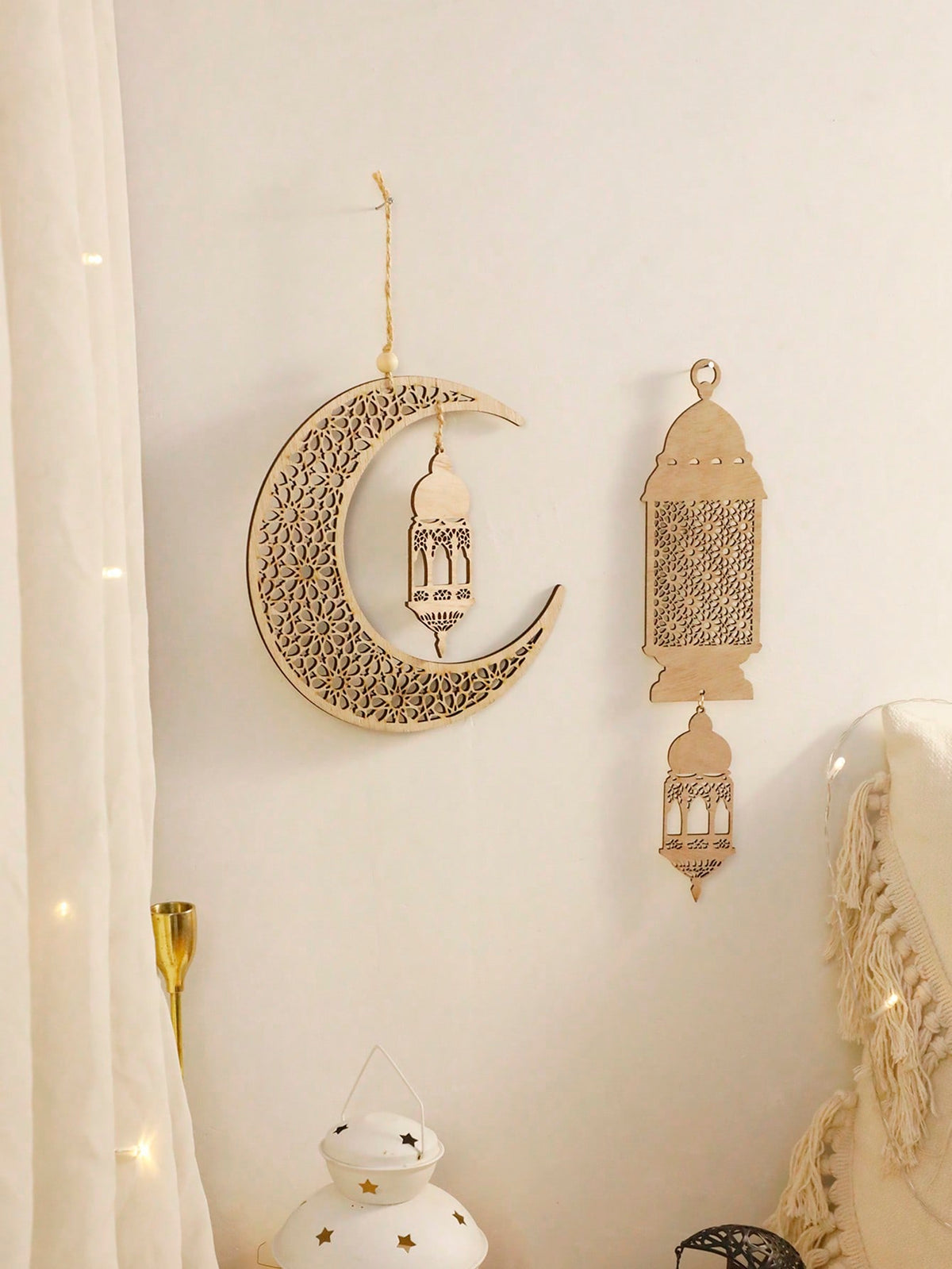 floral crescent moon and lantern wall hanging styled in a room, photo 8