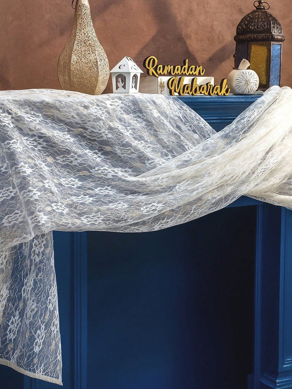 floral lace sheer table runner styled in a room, photo 11