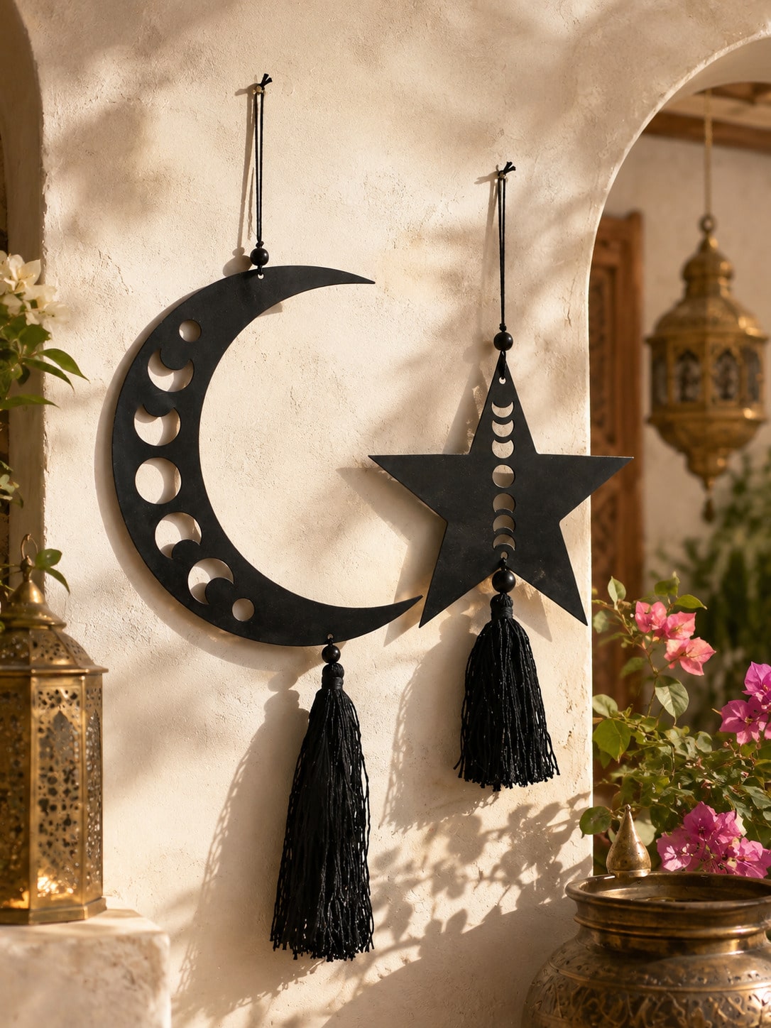 moon phase crescent and star tassel hanging styled in a room, photo 5