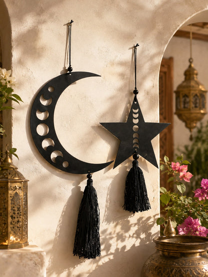 moon phase crescent and star tassel hanging styled in a room, photo 5