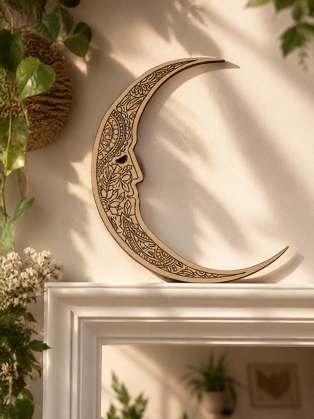 carved crescent moon door corner decor styled in a room, photo 10