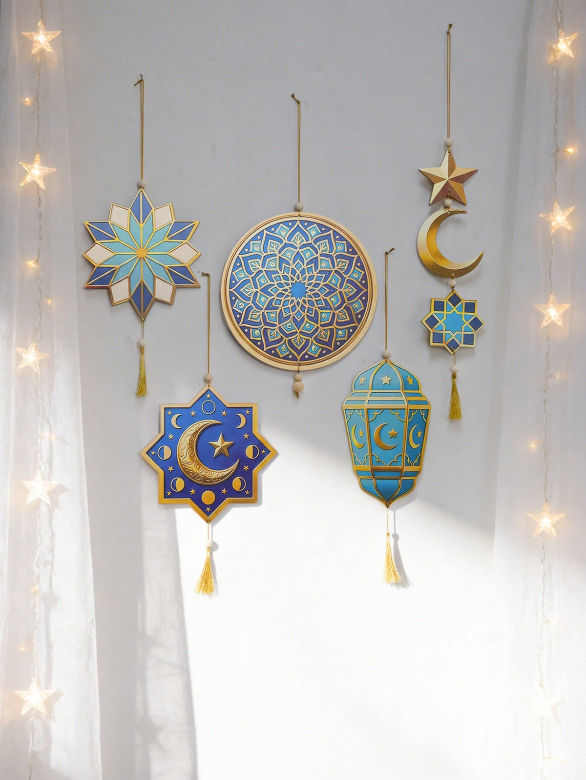 geometric star and crescent hanging ornaments styled in a room, photo 9