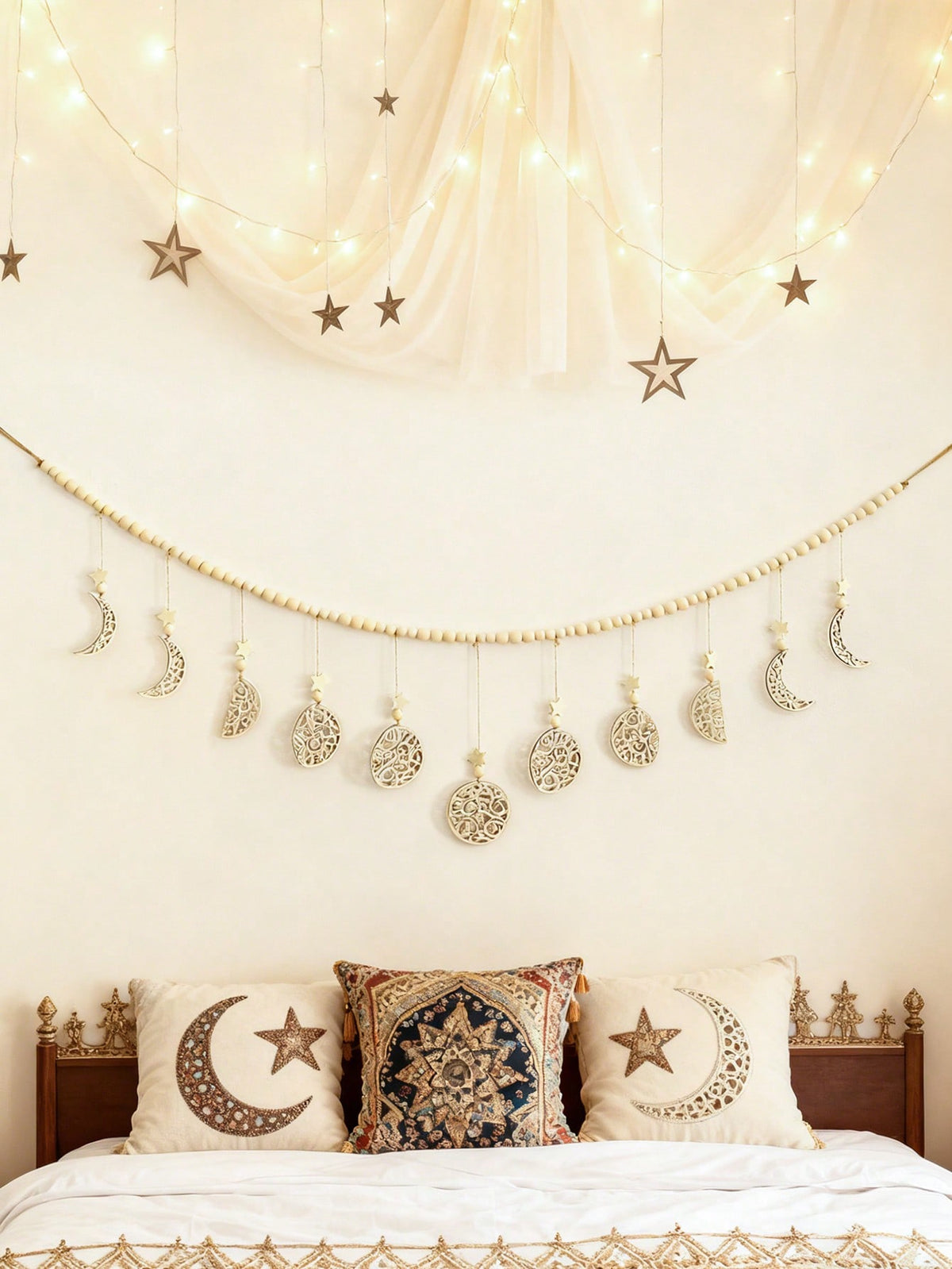 beaded filigree crescent moon garland styled in a room, photo 8
