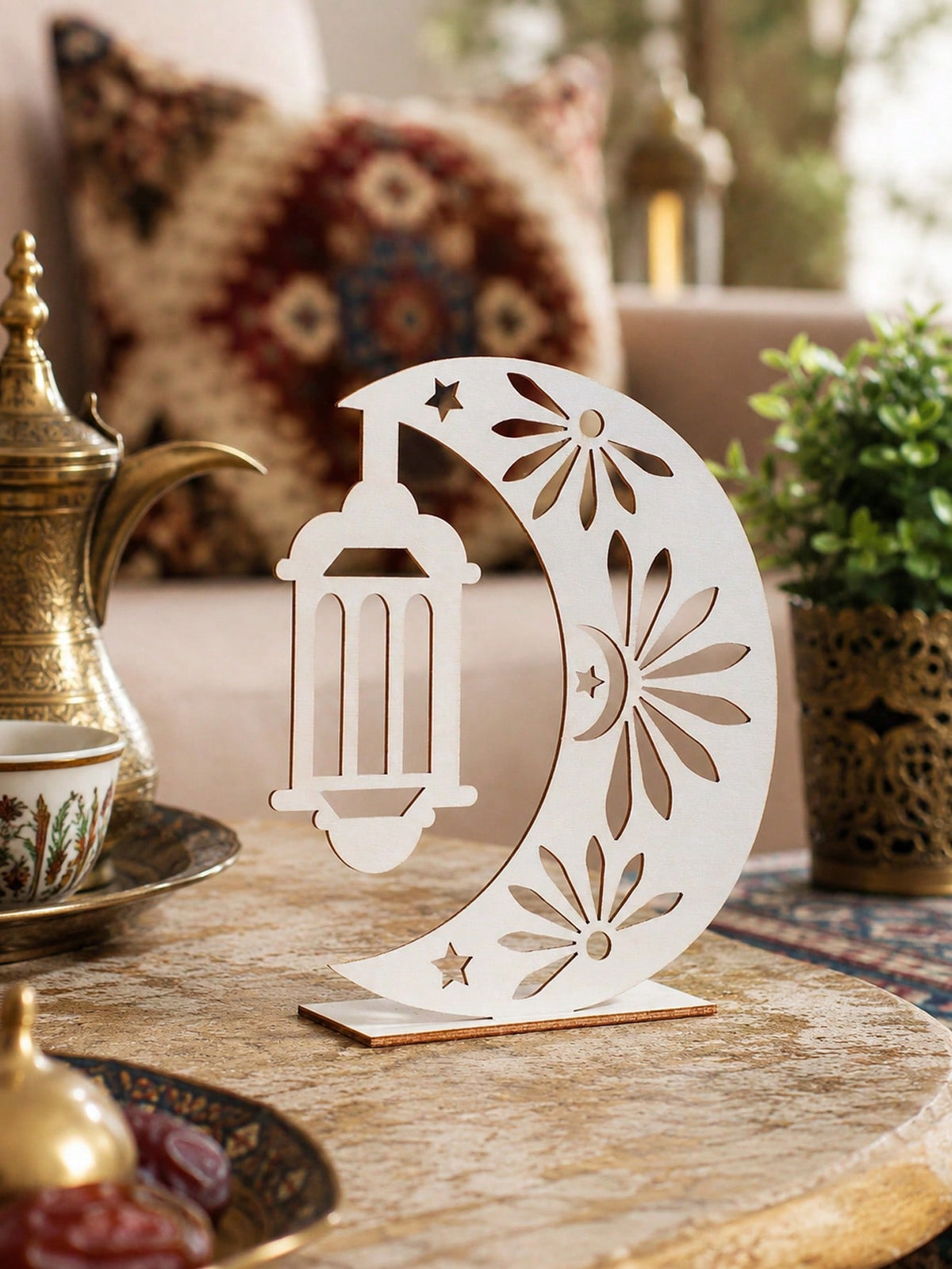 crescent moon and lantern tabletop decor styled in a room, photo 10