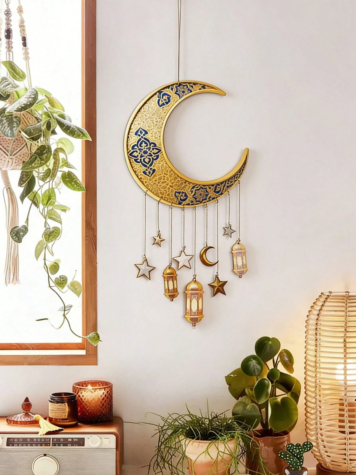 crescent moon lantern wall hanging styled in a room, photo 8