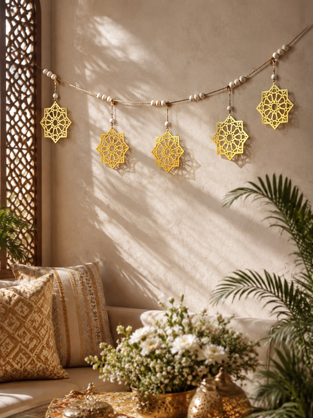 gold eight-point star garland styled in a room, photo 9