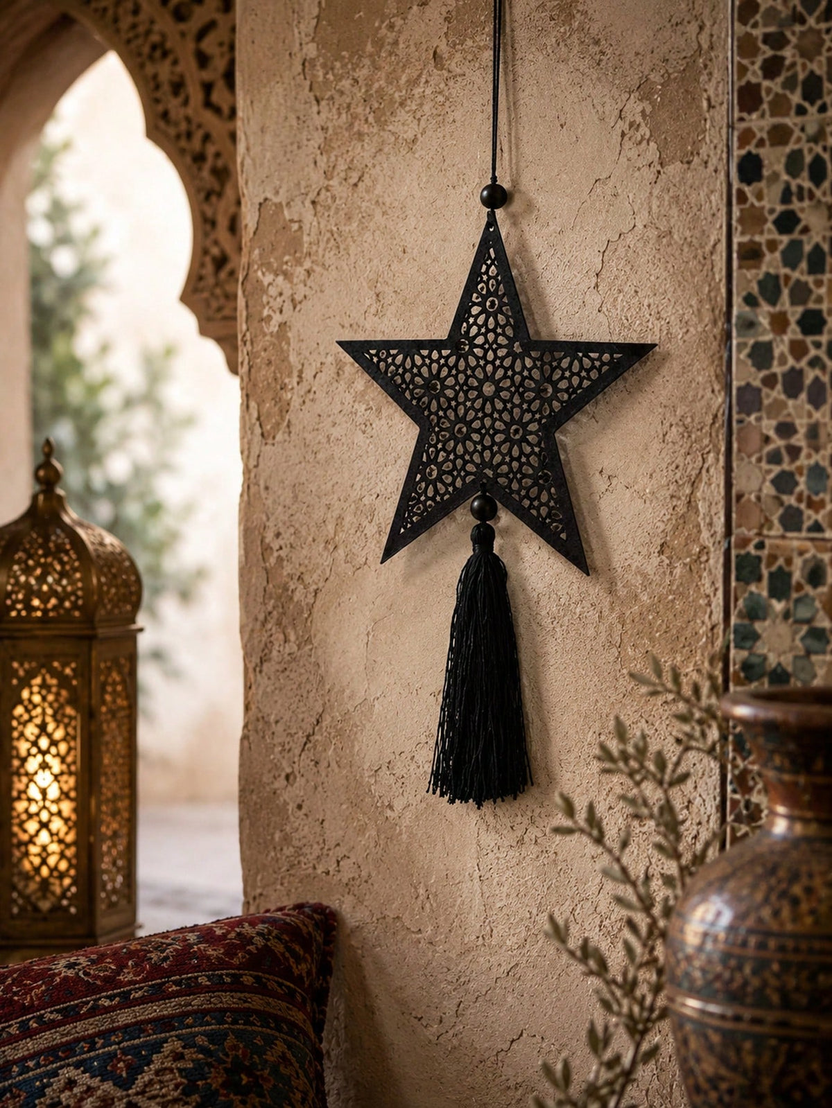 filigree star tassel wall hanging styled in a room, photo 2