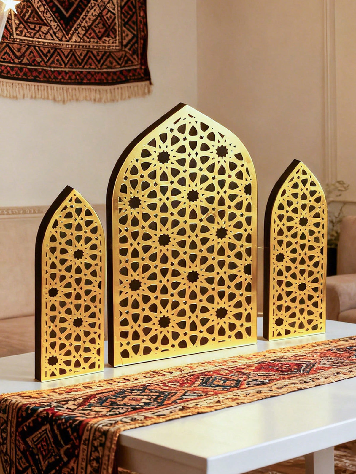 gold mashrabiya arch tabletop decor styled in a room, photo 3