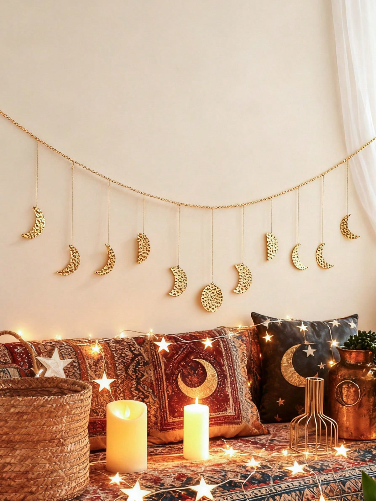 gold moon phase garland styled in a room, photo 3