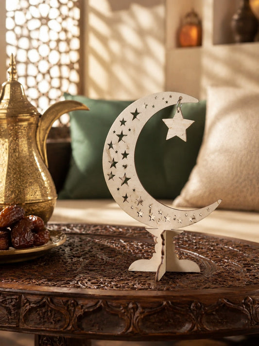 crescent moon tabletop decor with hanging star styled in a room, photo 2