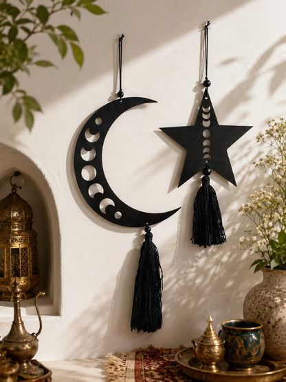 moon phase crescent and star tassel hanging styled in a room, photo 2