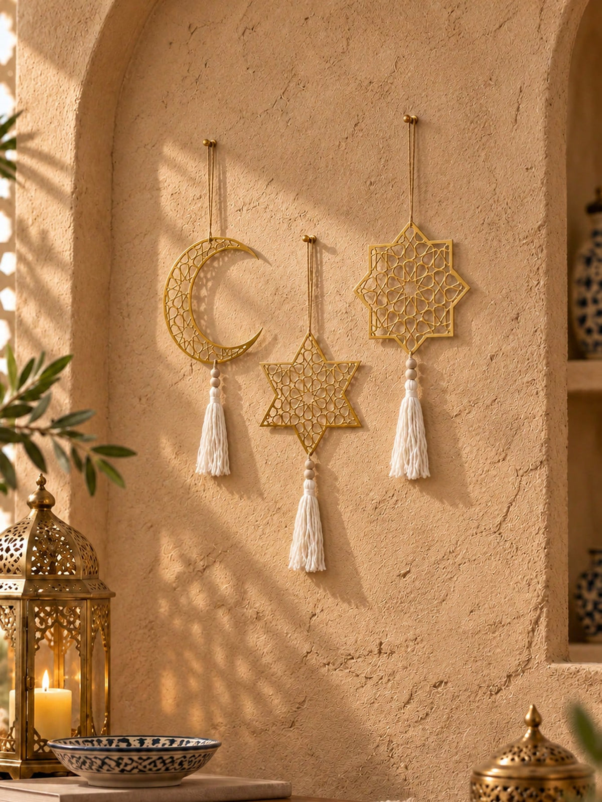 crescent moon and geometric star tassel hanging styled in a room, photo 14
