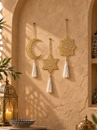 crescent moon and geometric star tassel hanging styled in a room, photo 14