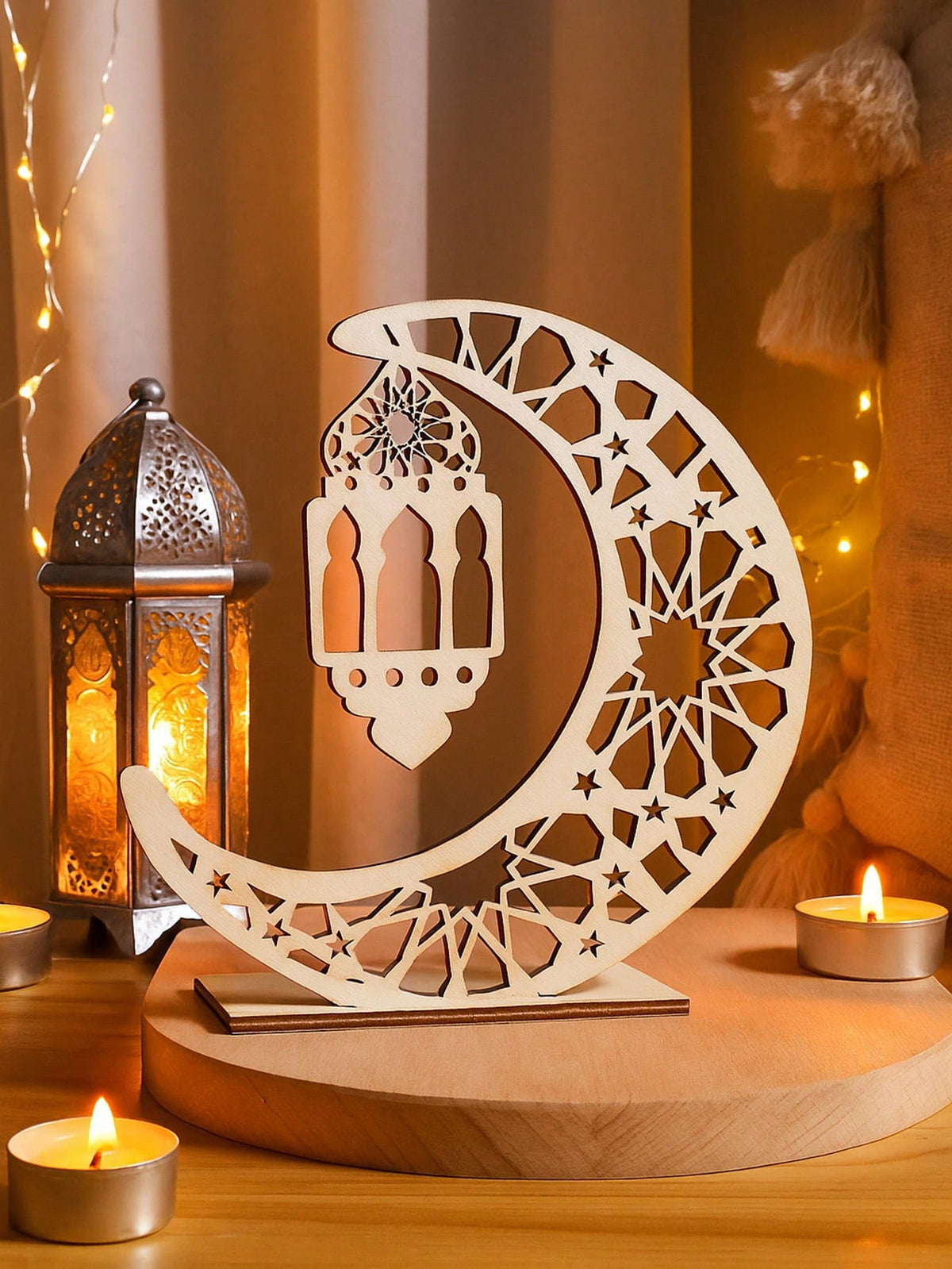 geometric crescent moon lantern tabletop decor styled in a room, photo 3