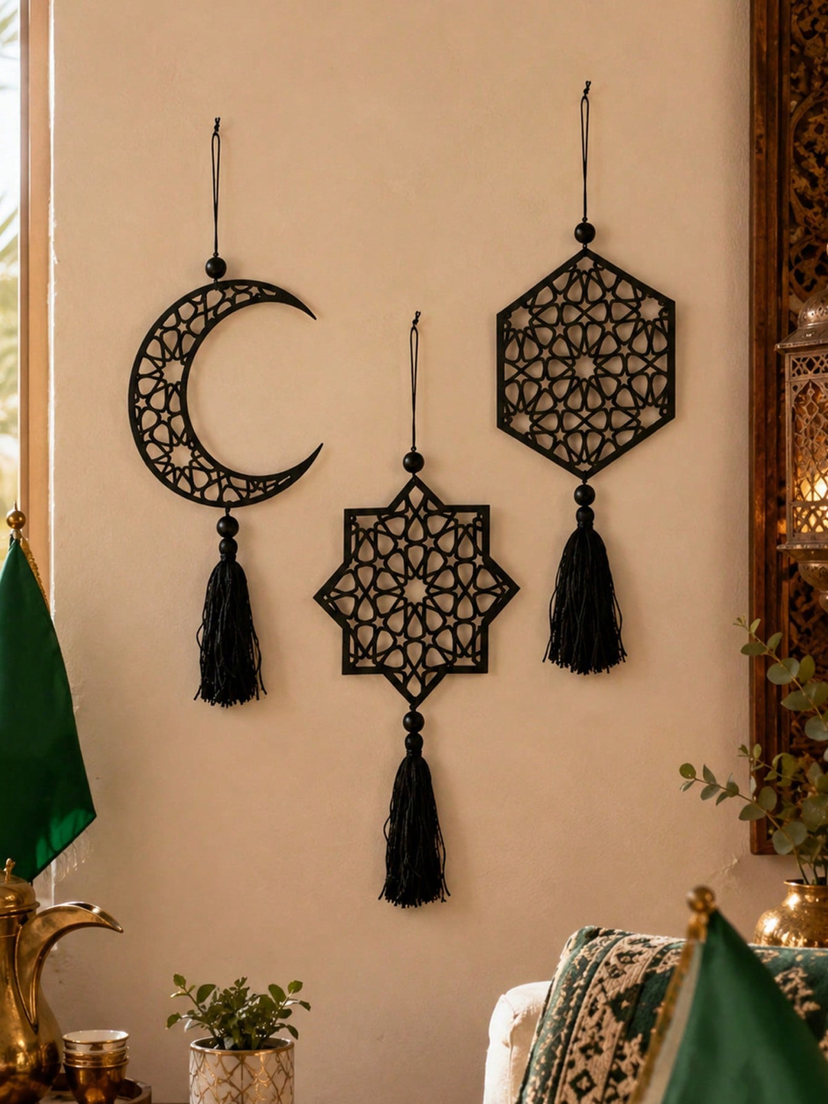 crescent moon and geometric star tassel hanging styled in a room, photo 10