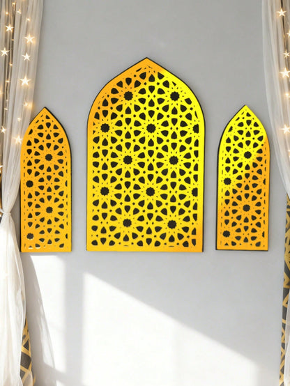 gold mashrabiya arch wall art styled in a room, photo 2
