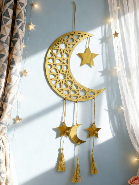 crescent moon star wall hanging with tassels styled in a room, photo 2