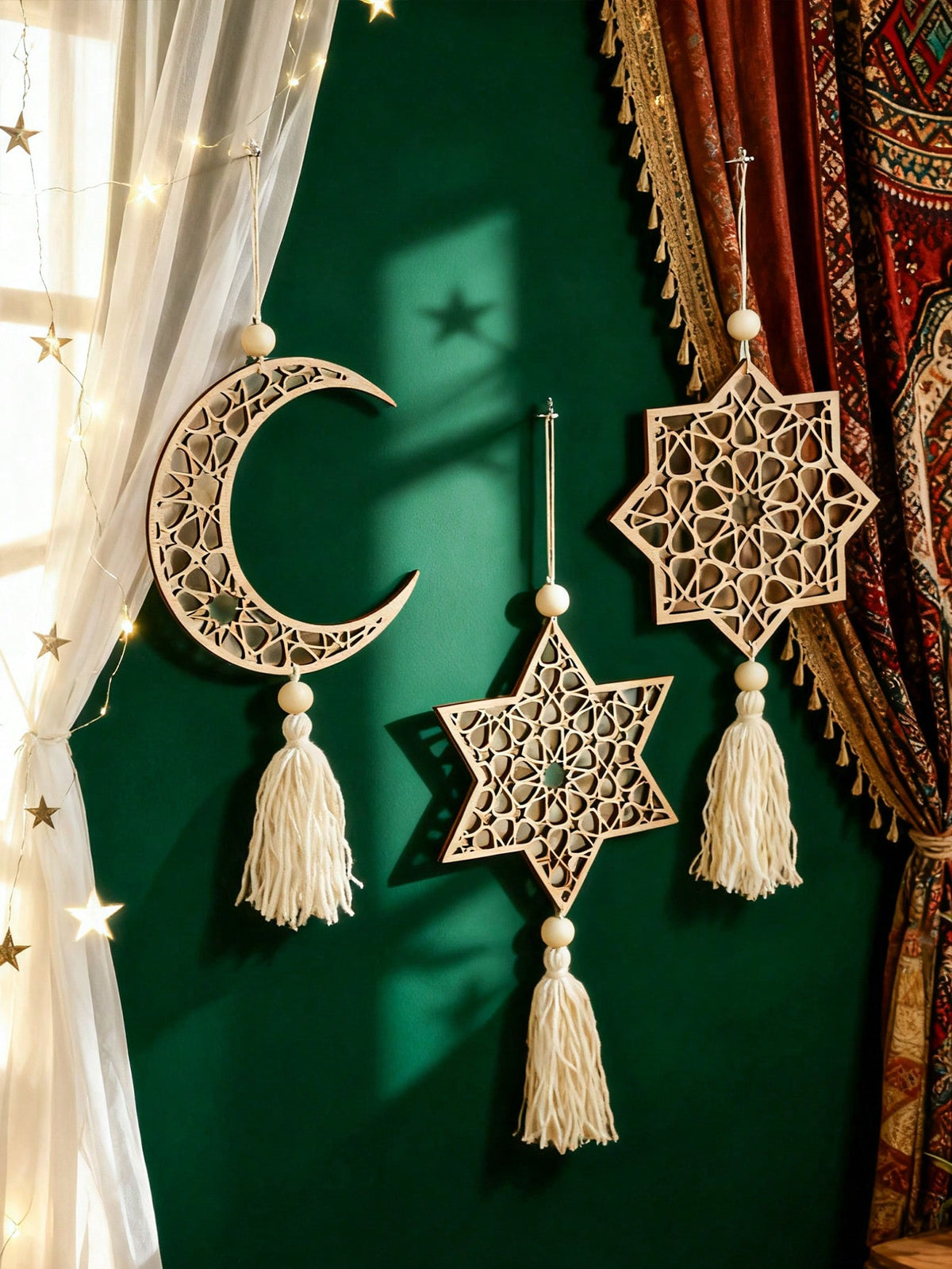 crescent moon and geometric star tassel hanging styled in a room, photo 3