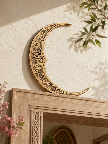 carved crescent moon door corner decor styled in a room, photo 3