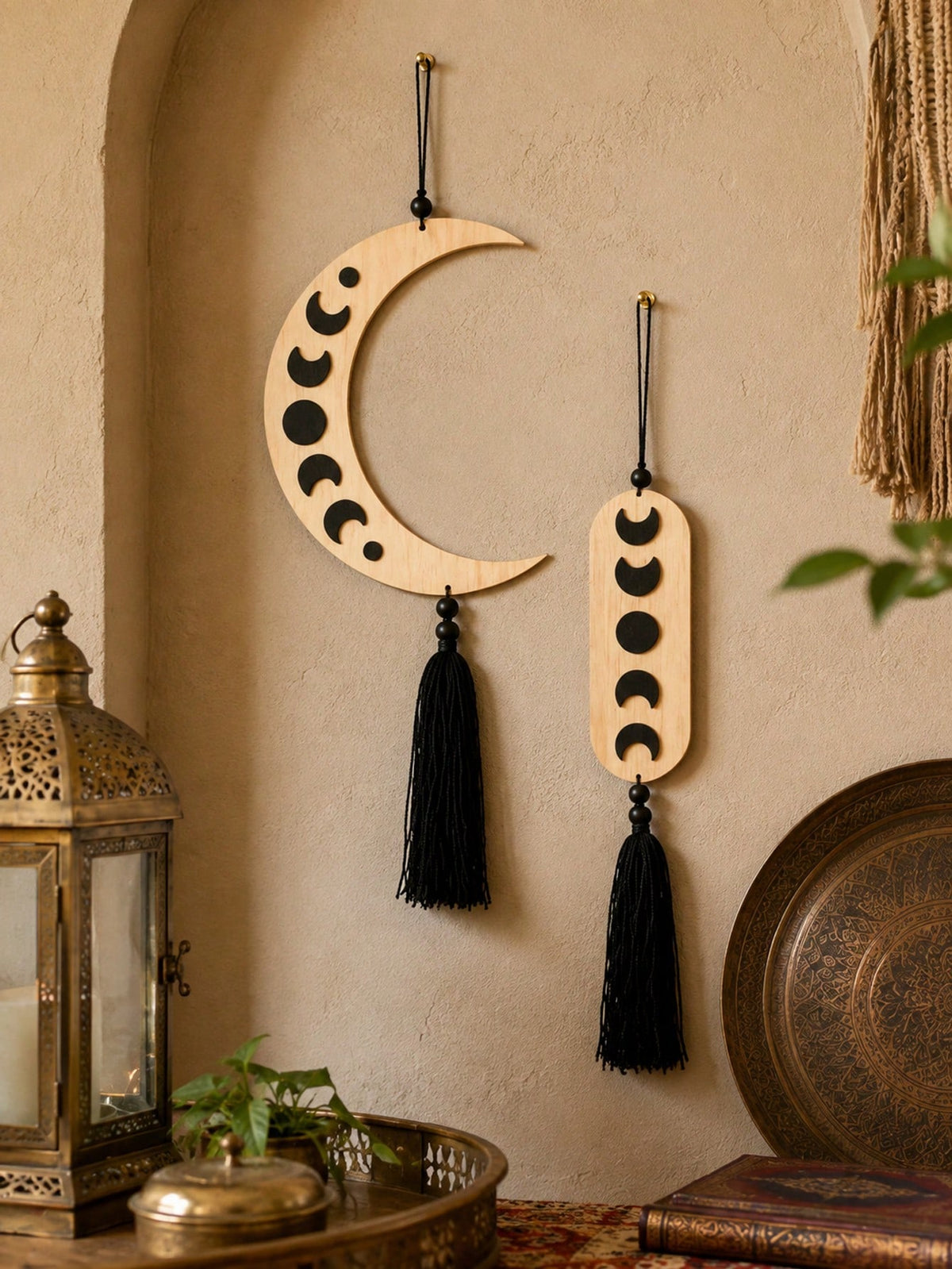crescent moon phase tassel wall hanging styled in a room, photo 3
