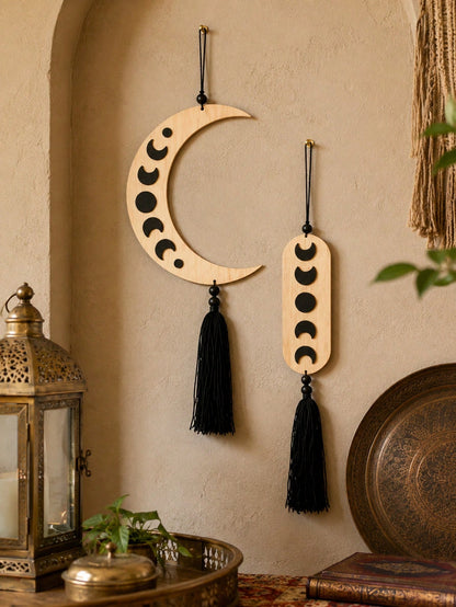 crescent moon phase tassel wall hanging styled in a room, photo 3