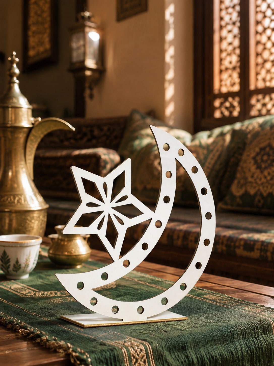 crescent moon and star tabletop decor styled in a room, photo 3