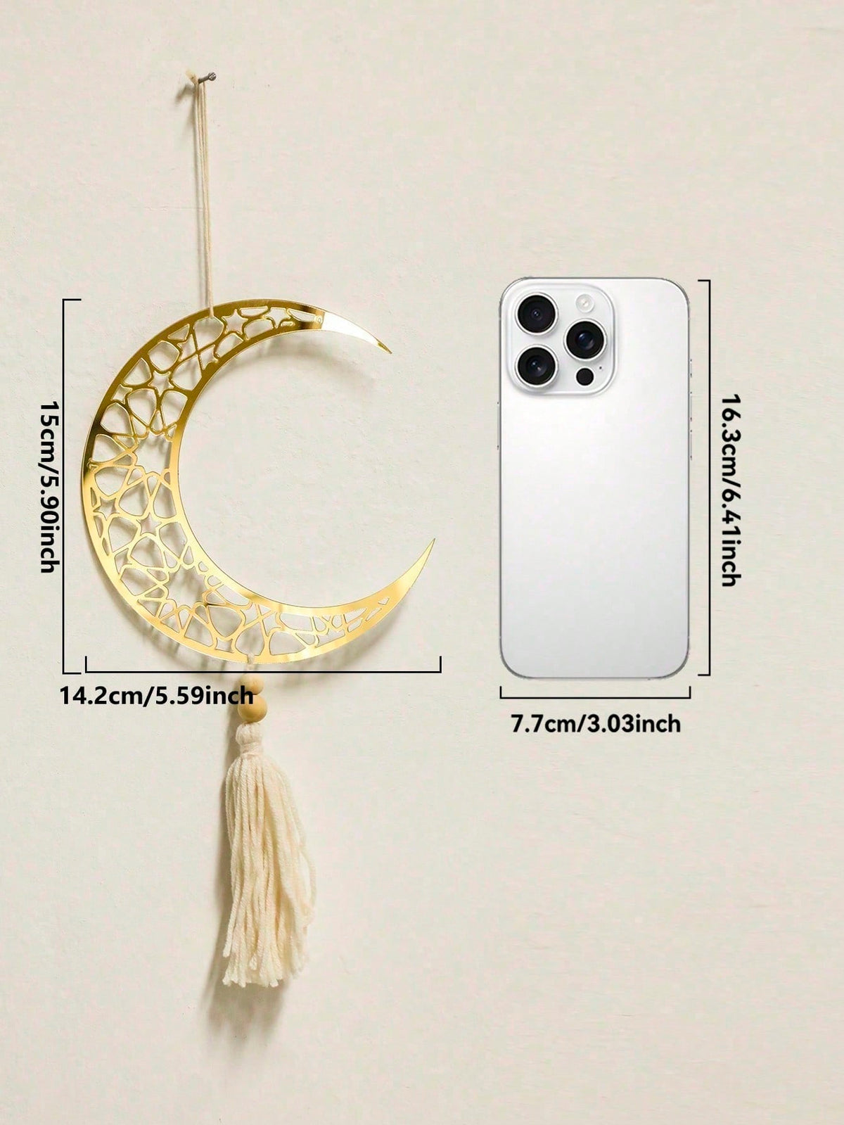 crescent moon and geometric star tassel hanging size and details, photo 22