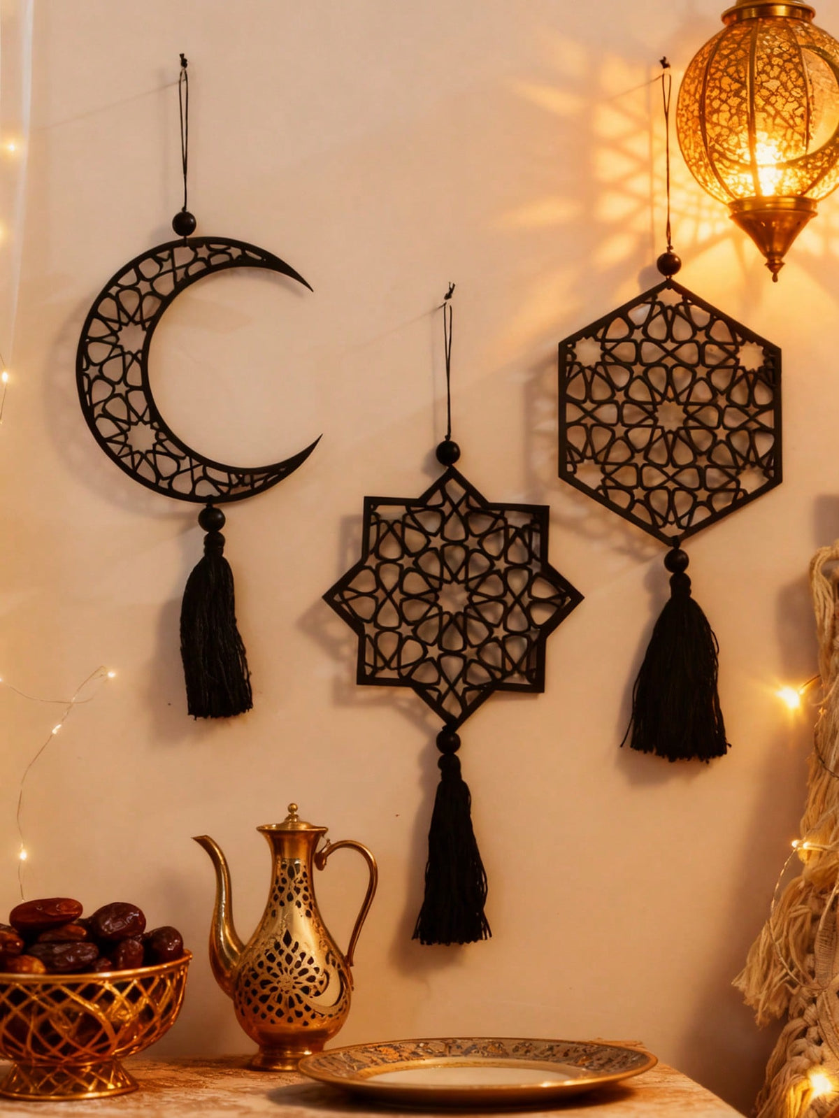 crescent moon and geometric star tassel hanging styled in a room, photo 11