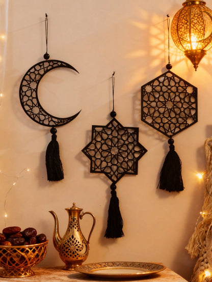 crescent moon and geometric star tassel hanging styled in a room, photo 11
