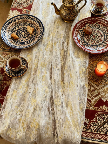 floral lace sheer table runner styled in a room, photo 4