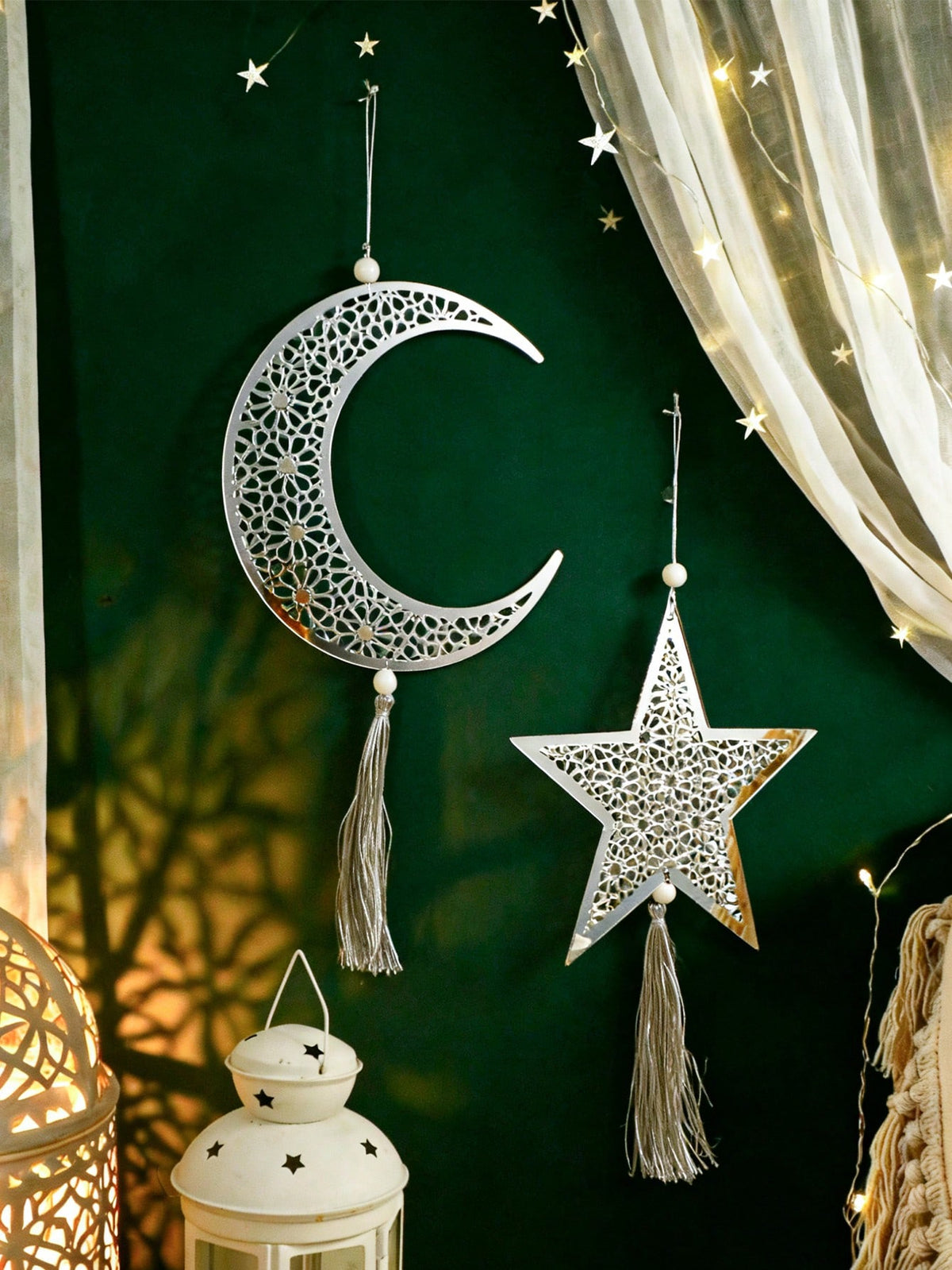 crescent moon and star tassel wall decor styled in a room, photo 3