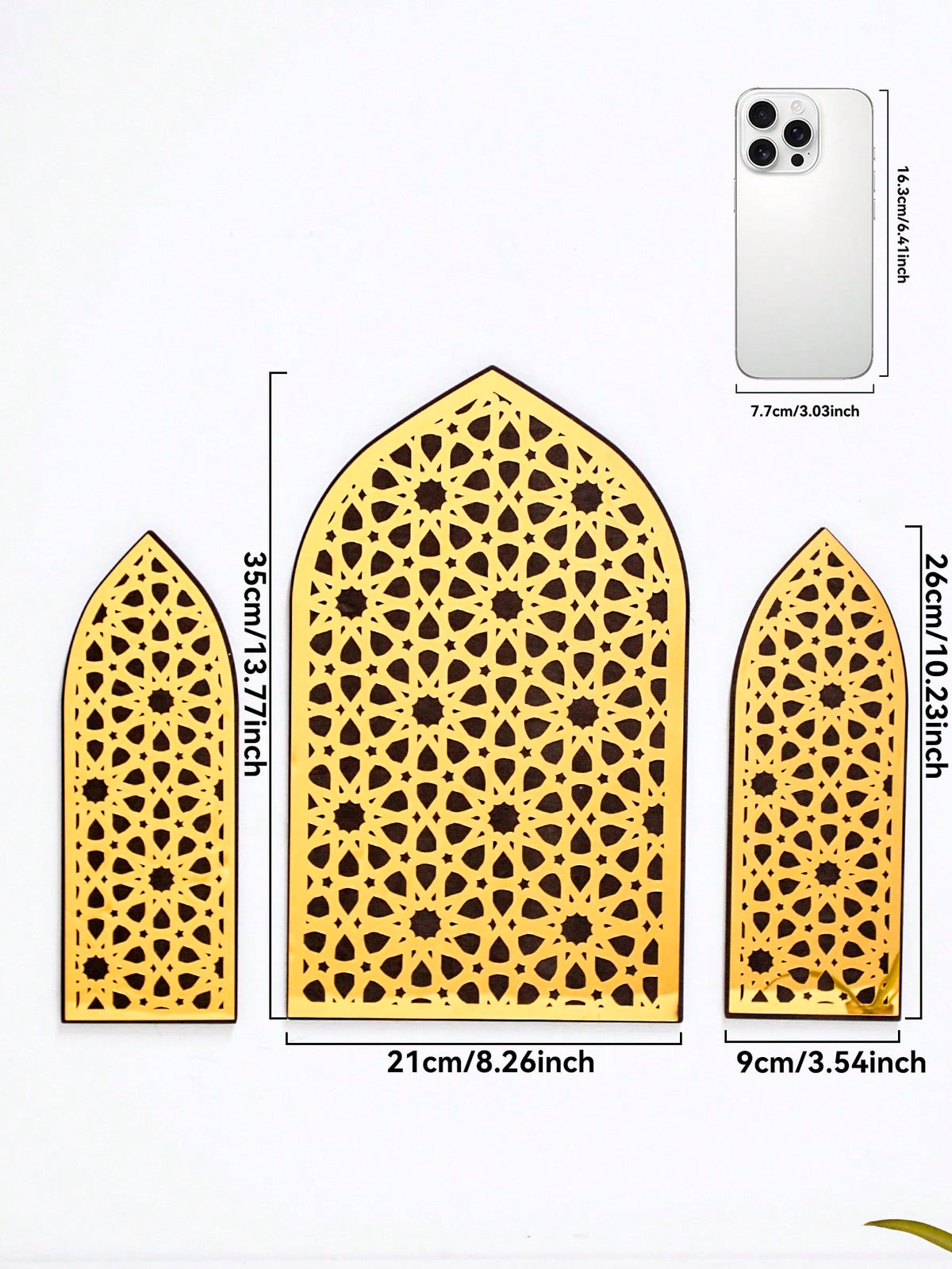 gold mashrabiya arch wall art size and details, photo 7