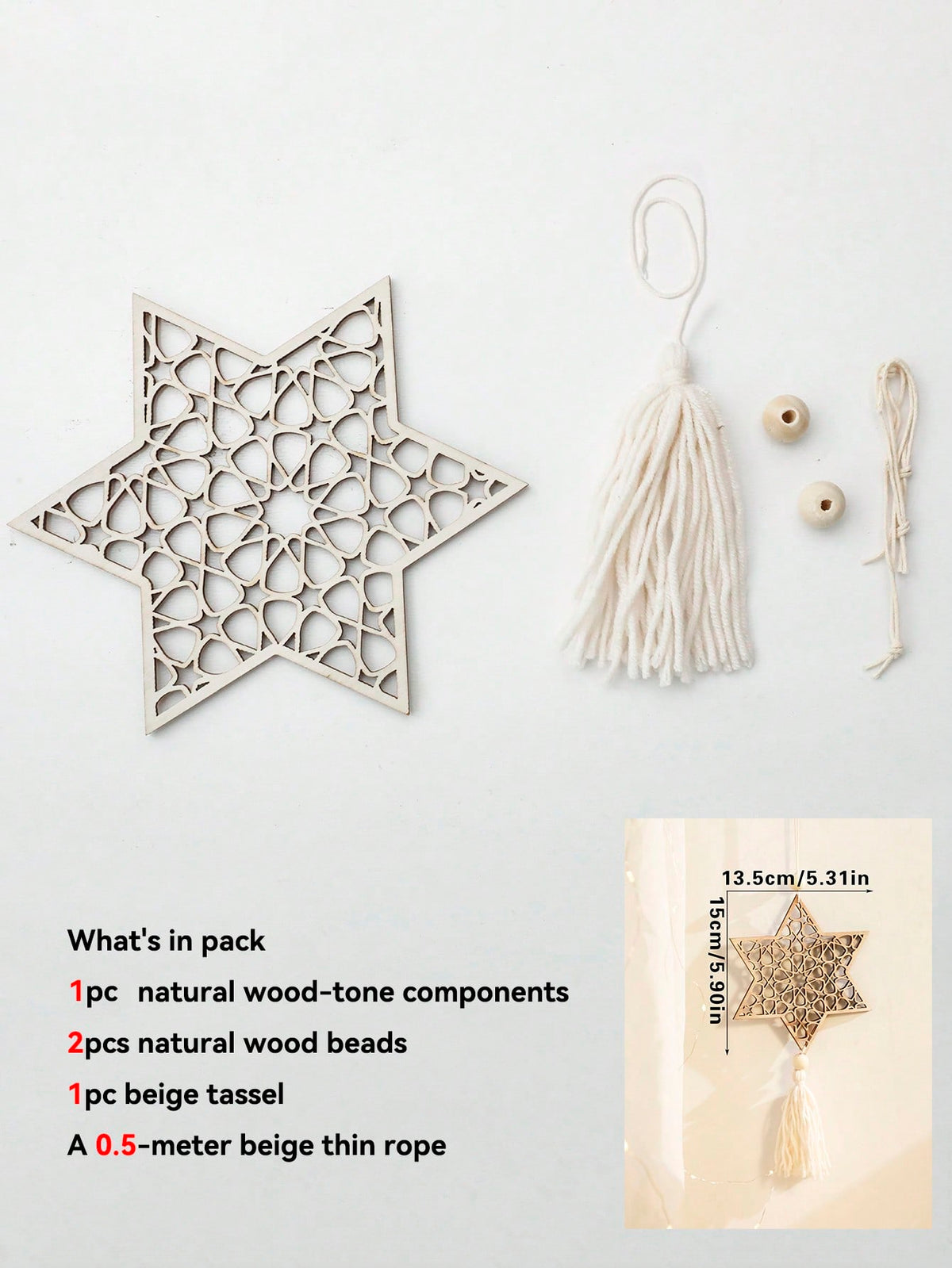 crescent moon and geometric star tassel hanging size and details, photo 16