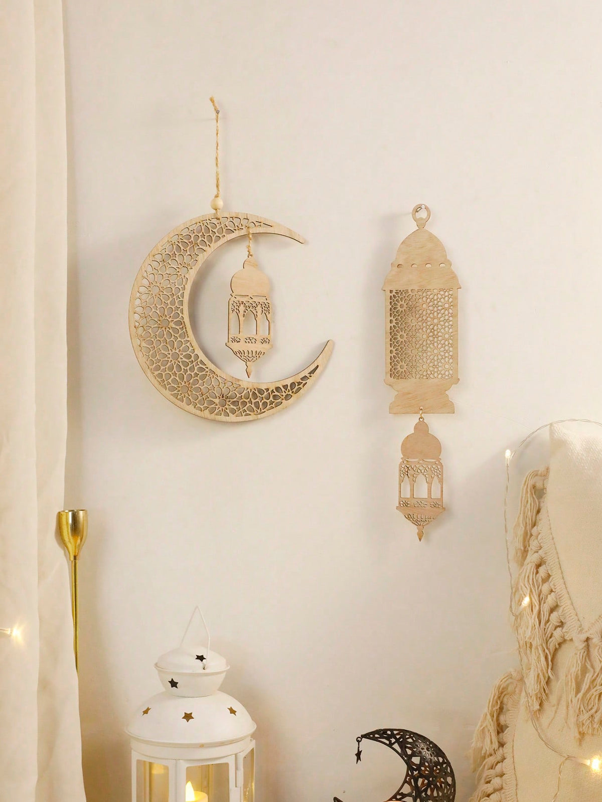 floral crescent moon and lantern wall hanging styled in a room, photo 3
